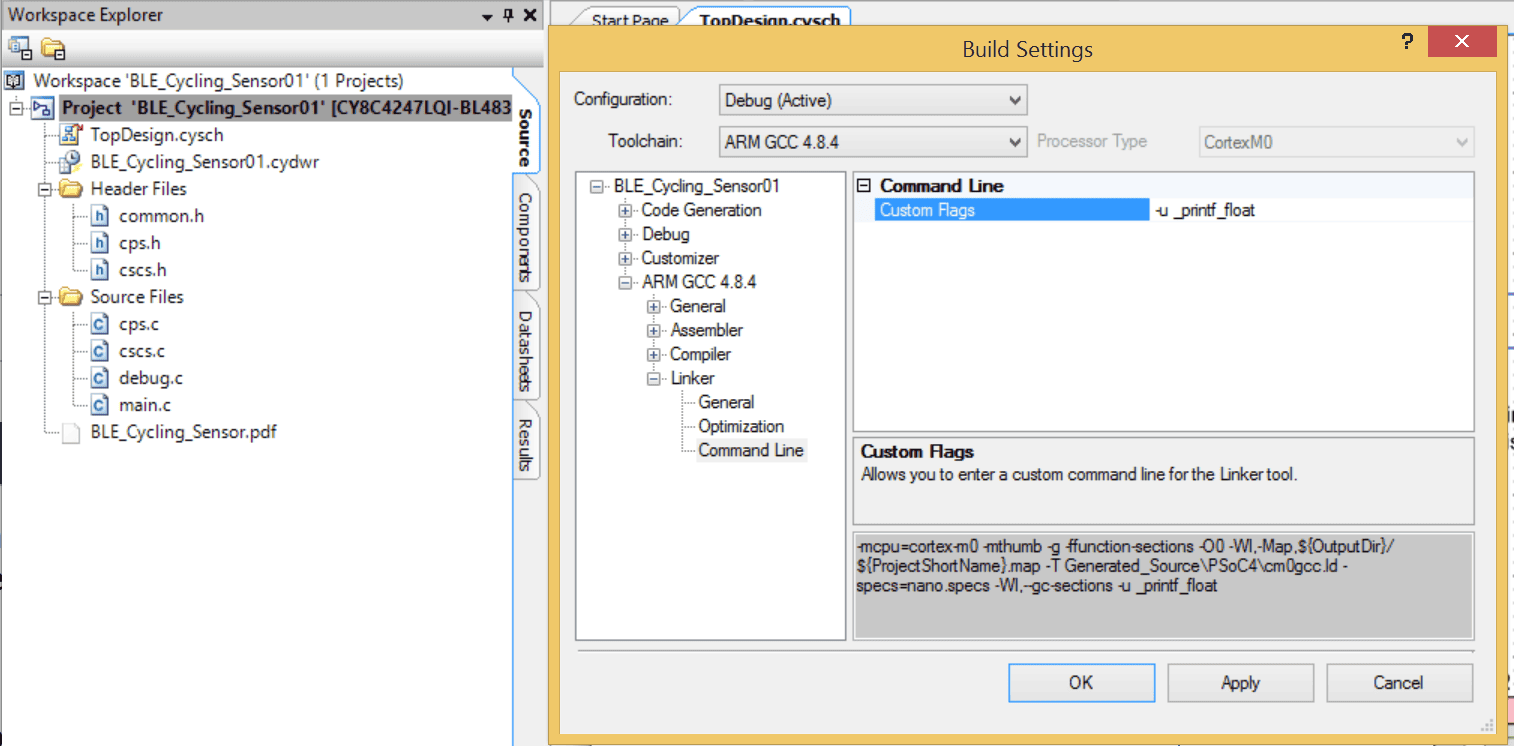 Enabling floating-point support in the PSoC compiler